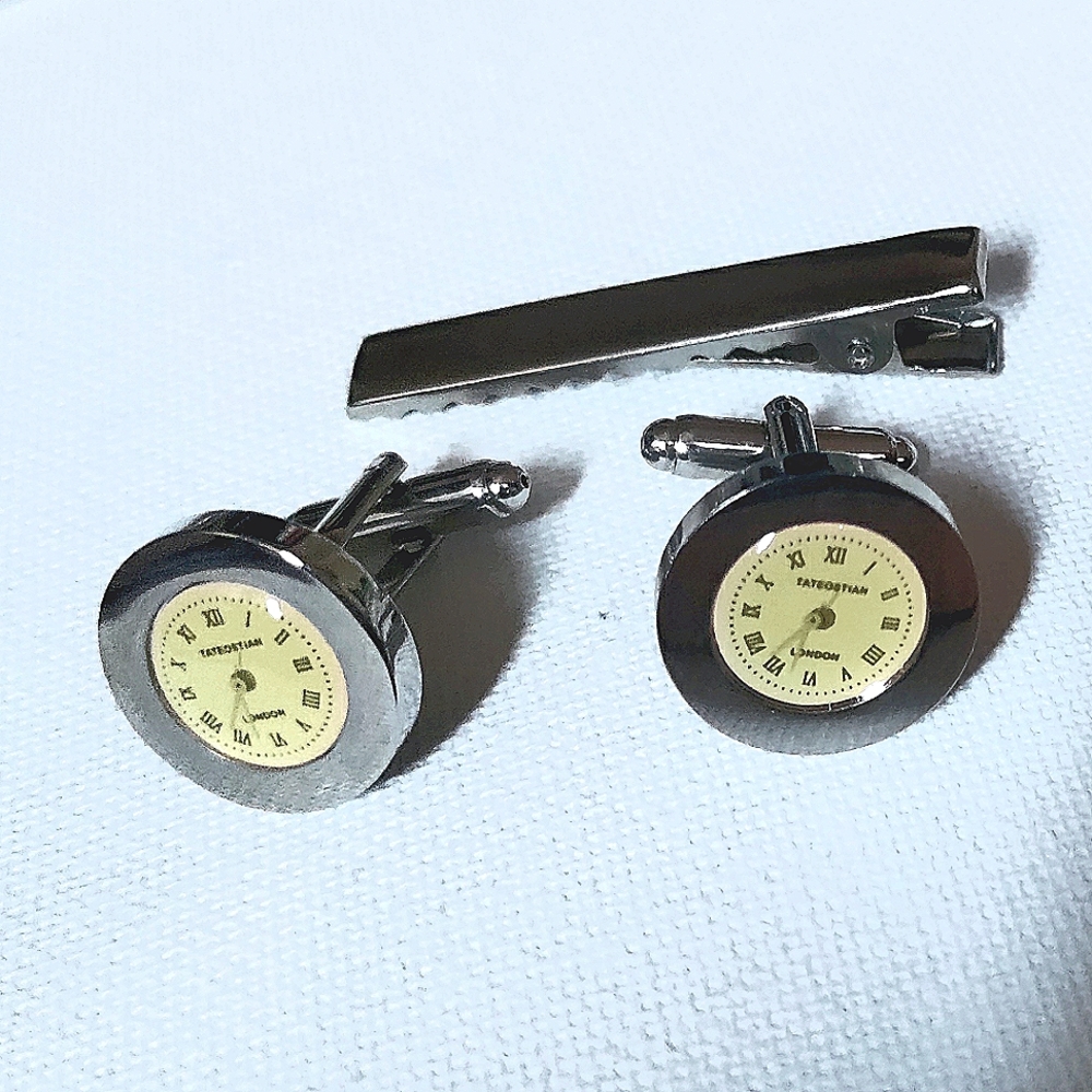 NEW Cufflinks: *London Watch - Clock* with Tie Bar! Stainless Steel. Bullet Back